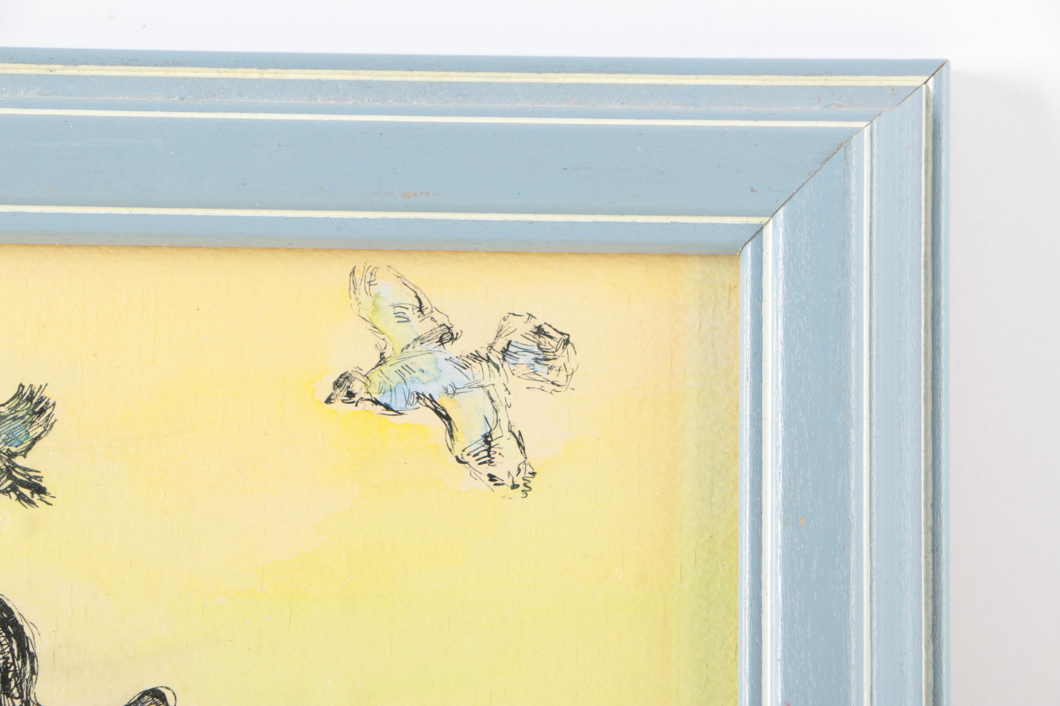 Kushner Watercolor and Ink on Paper Girls and Birds