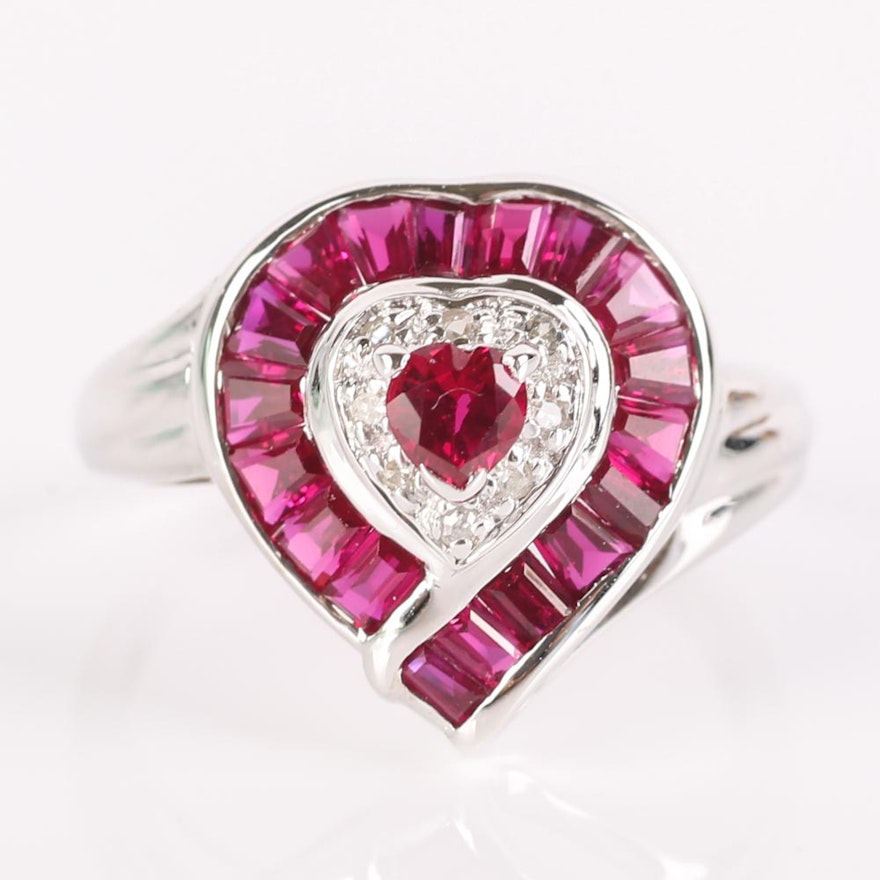 14K White Gold 1.25 CTW Ruby and Diamond Heart Ring
