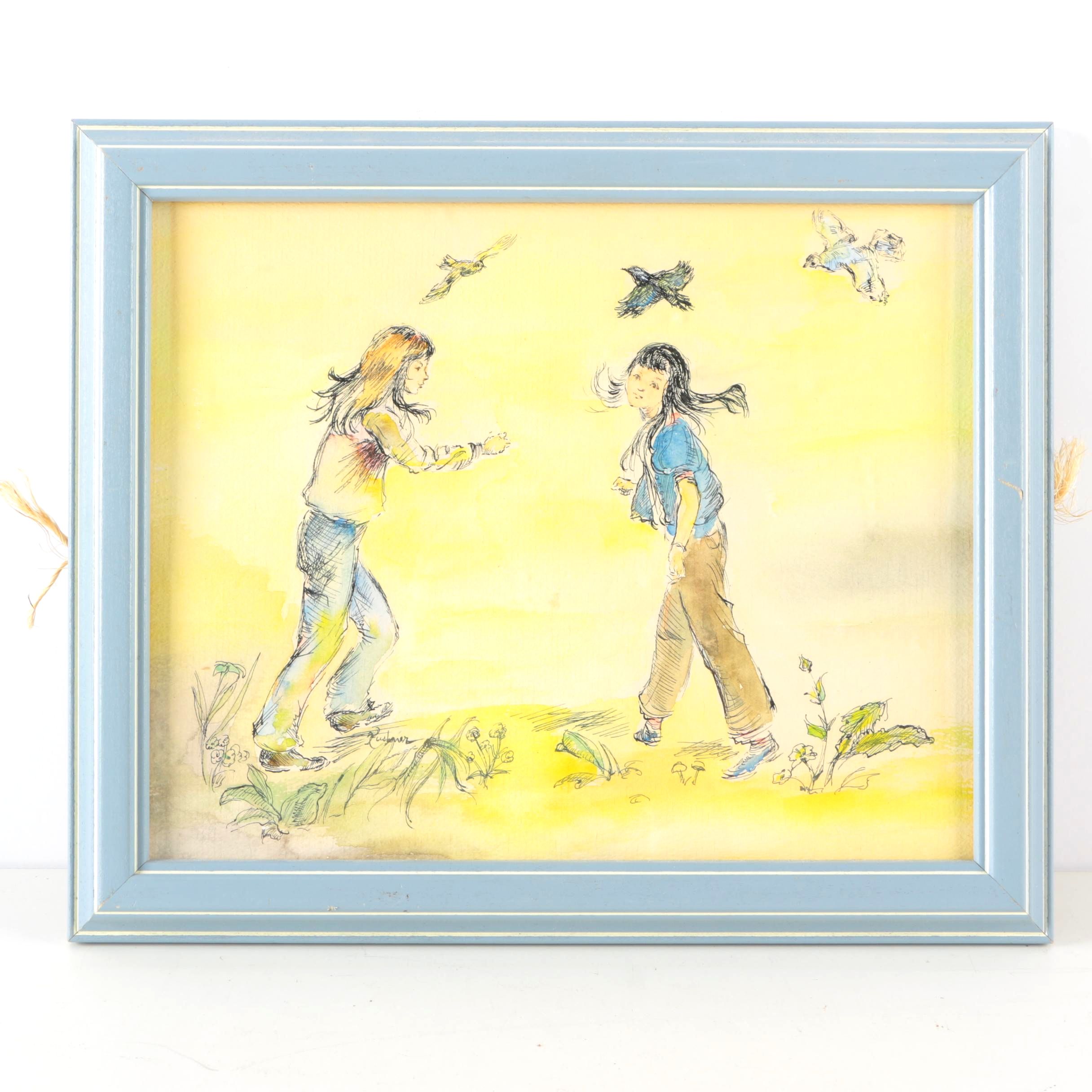 Kushner Watercolor and Ink on Paper Girls and Birds