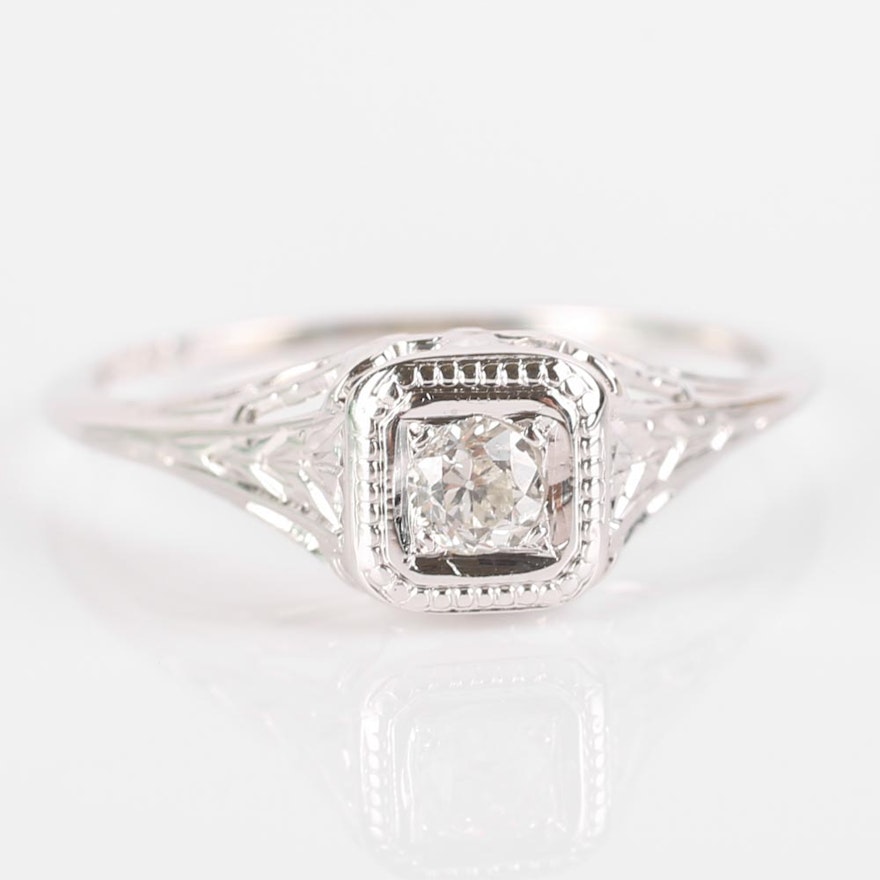 Late Edwardian 18K White Gold Old European Cut Diamond Ring