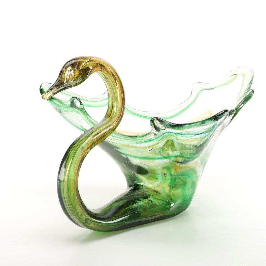 Green Art Glass Swan Bowl