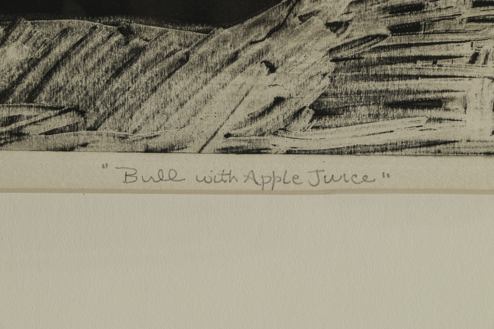 John Ihle Artist's Proof Etching on Paper "Bull with Apple Juice"