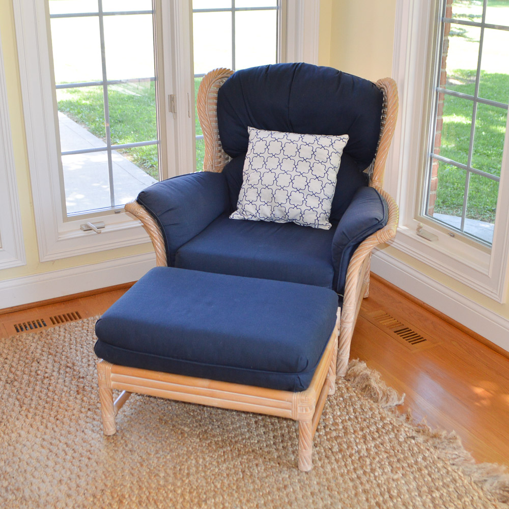 Faux Bamboo and Wicker Wing Chair With Ottoman