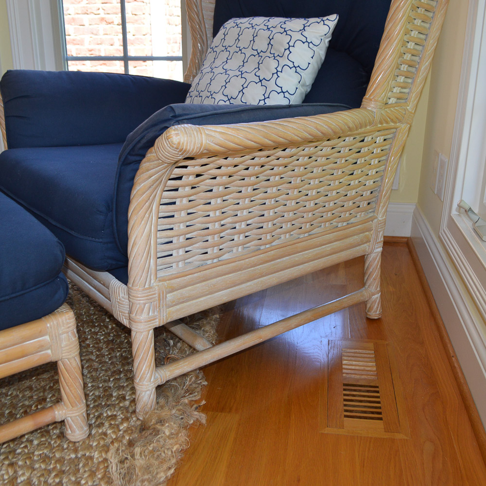 Faux Bamboo and Wicker Wing Chair With Ottoman