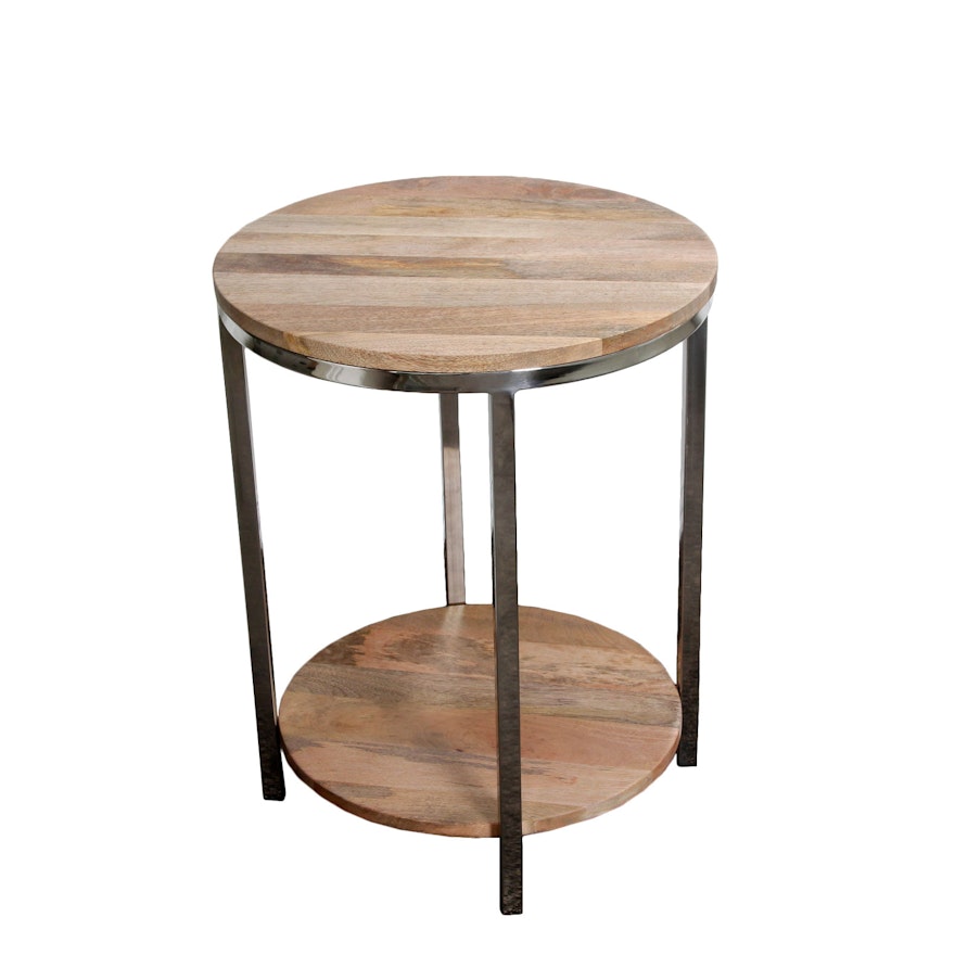 Round Mango Wood and Stainless Steel Accent Table