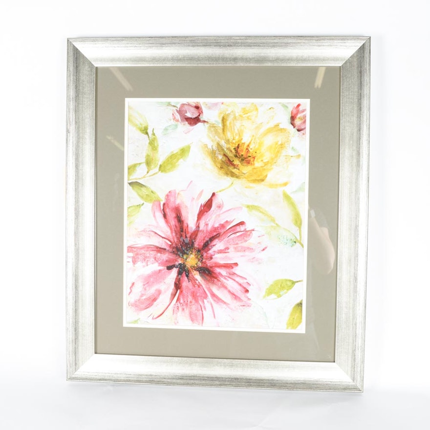 Framed Reproduction Watercolor Print Titled "Floral I"