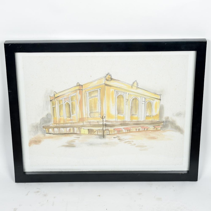 Framed Watercolor Painting of a Building