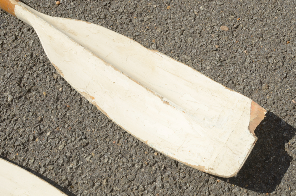 Collection of Vintage Rowing Oars with White Blades
