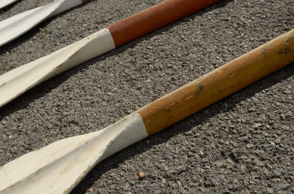 Collection of Vintage Rowing Oars with White Blades