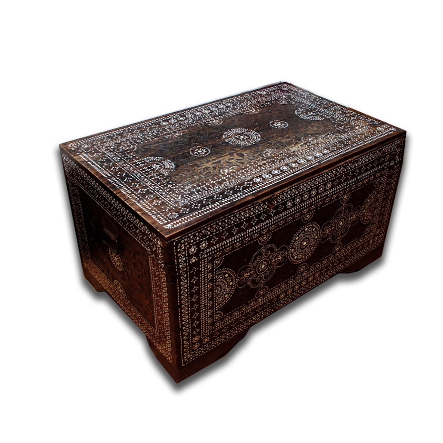 Carved Teak and Bone Inlay Chest