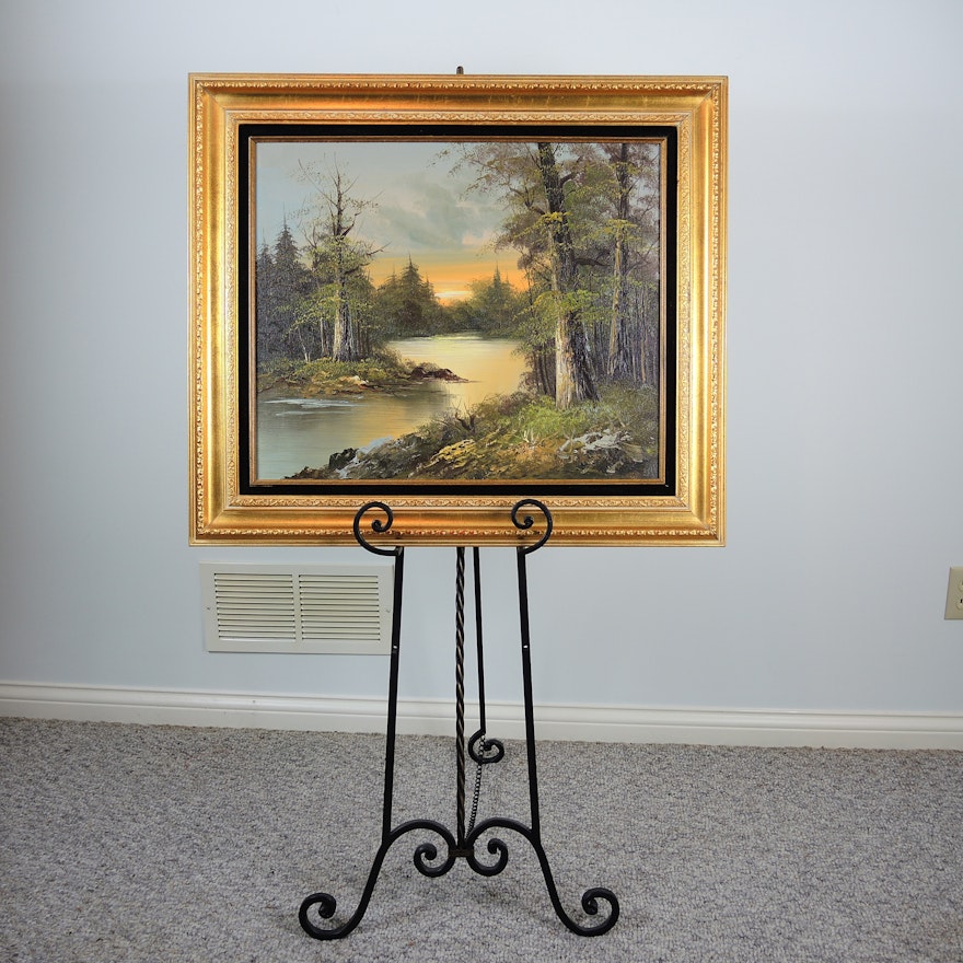 Original Oil on Canvas Forest Landscape With Display Easel
