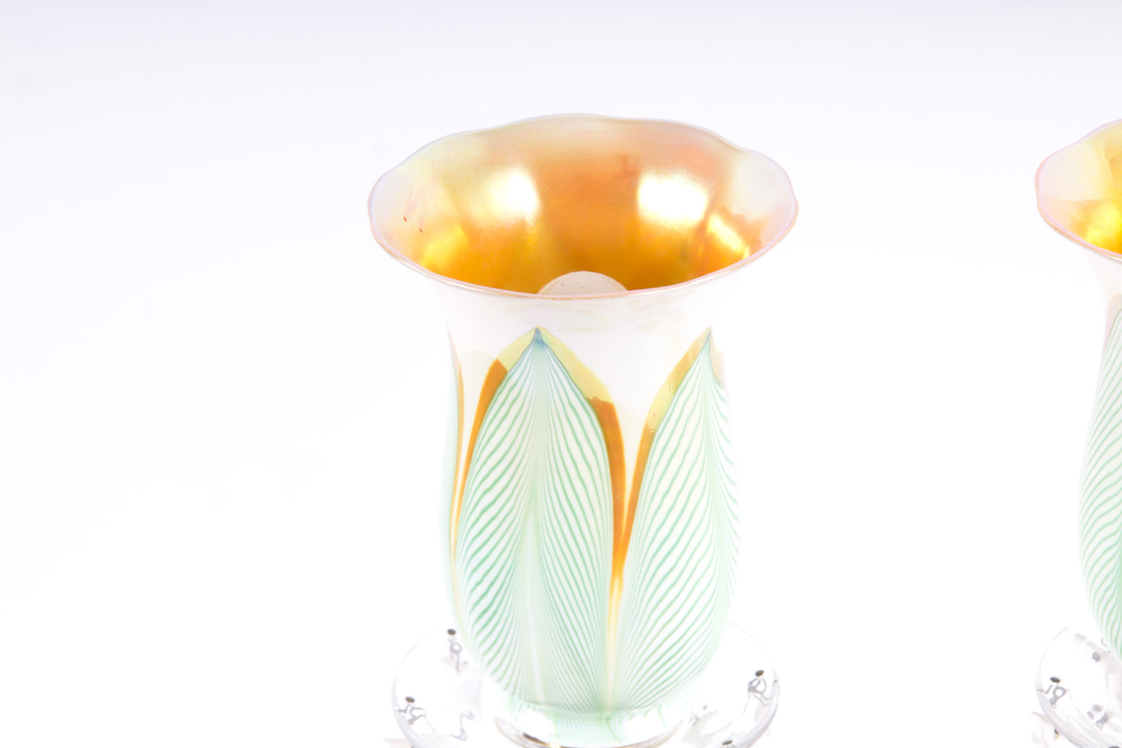 Antique Brass Lamps with Steuben "Pulled Feather" Pattern Glass Shades