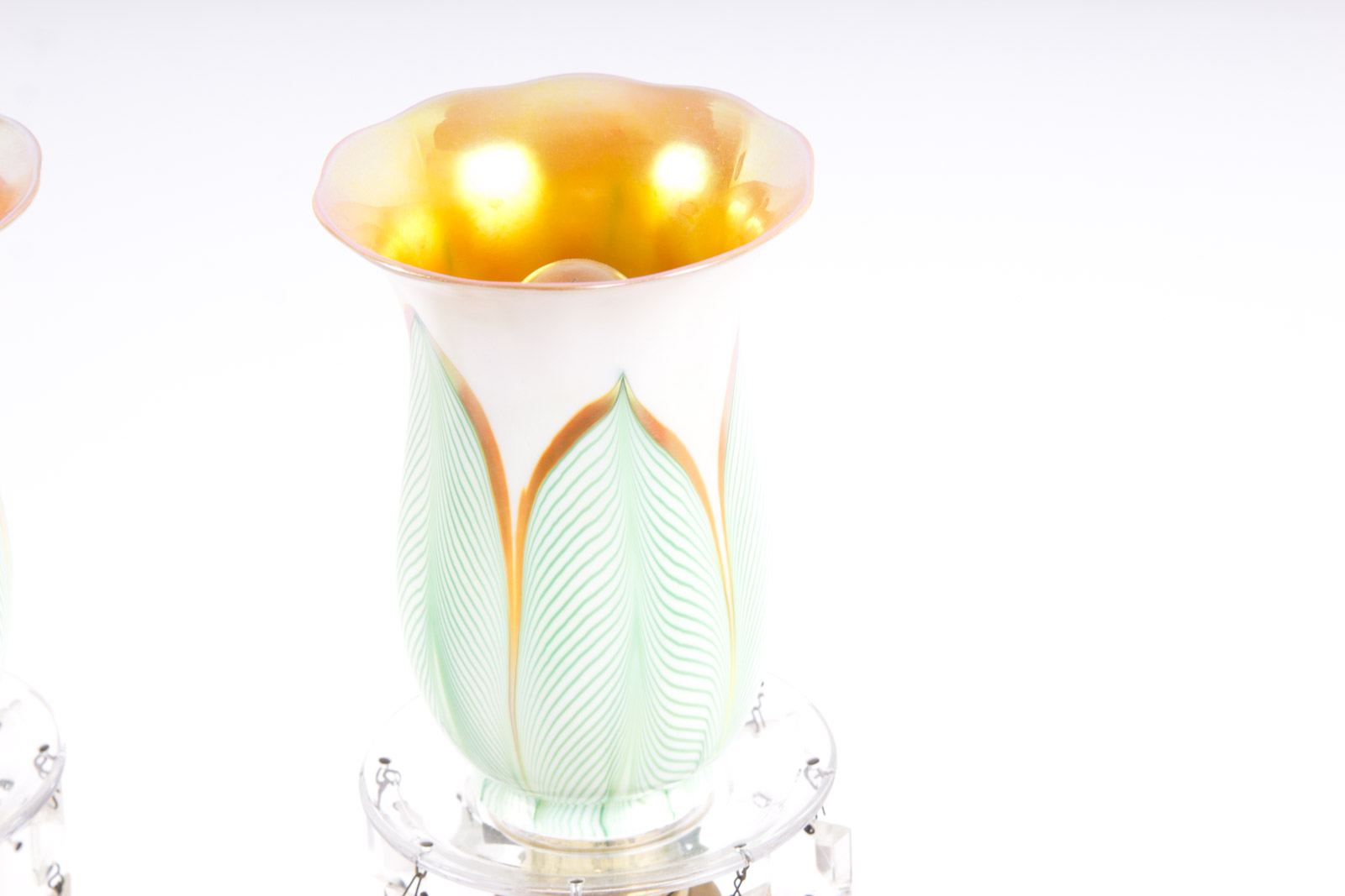 Antique Brass Lamps with Steuben "Pulled Feather" Pattern Glass Shades