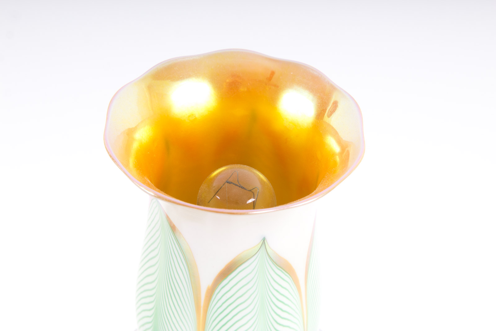 Antique Brass Lamps with Steuben "Pulled Feather" Pattern Glass Shades