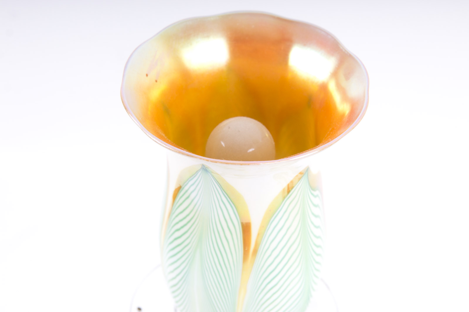 Antique Brass Lamps with Steuben "Pulled Feather" Pattern Glass Shades