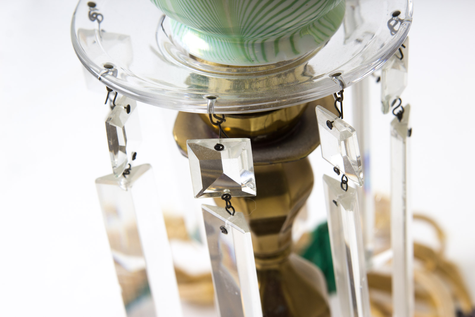 Antique Brass Lamps with Steuben "Pulled Feather" Pattern Glass Shades