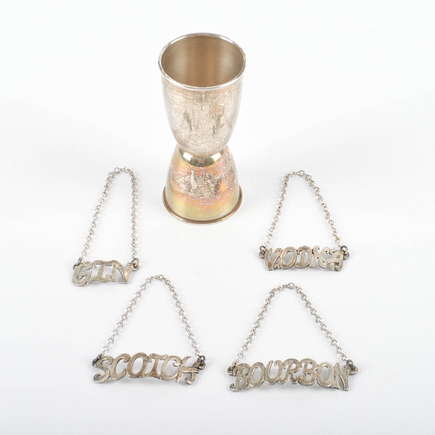 Sterling Silver Doskow Decanter Labels and a Gorham Double Jigger