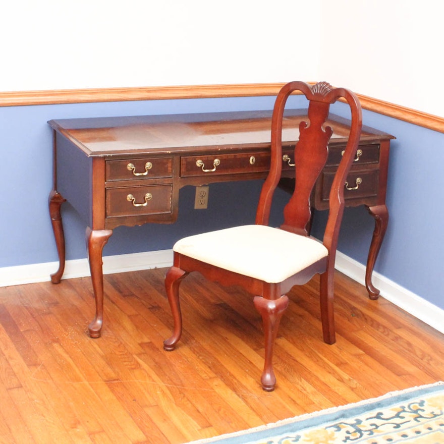 Vintage Queen Anne Style Knee Hole Desk With Chair