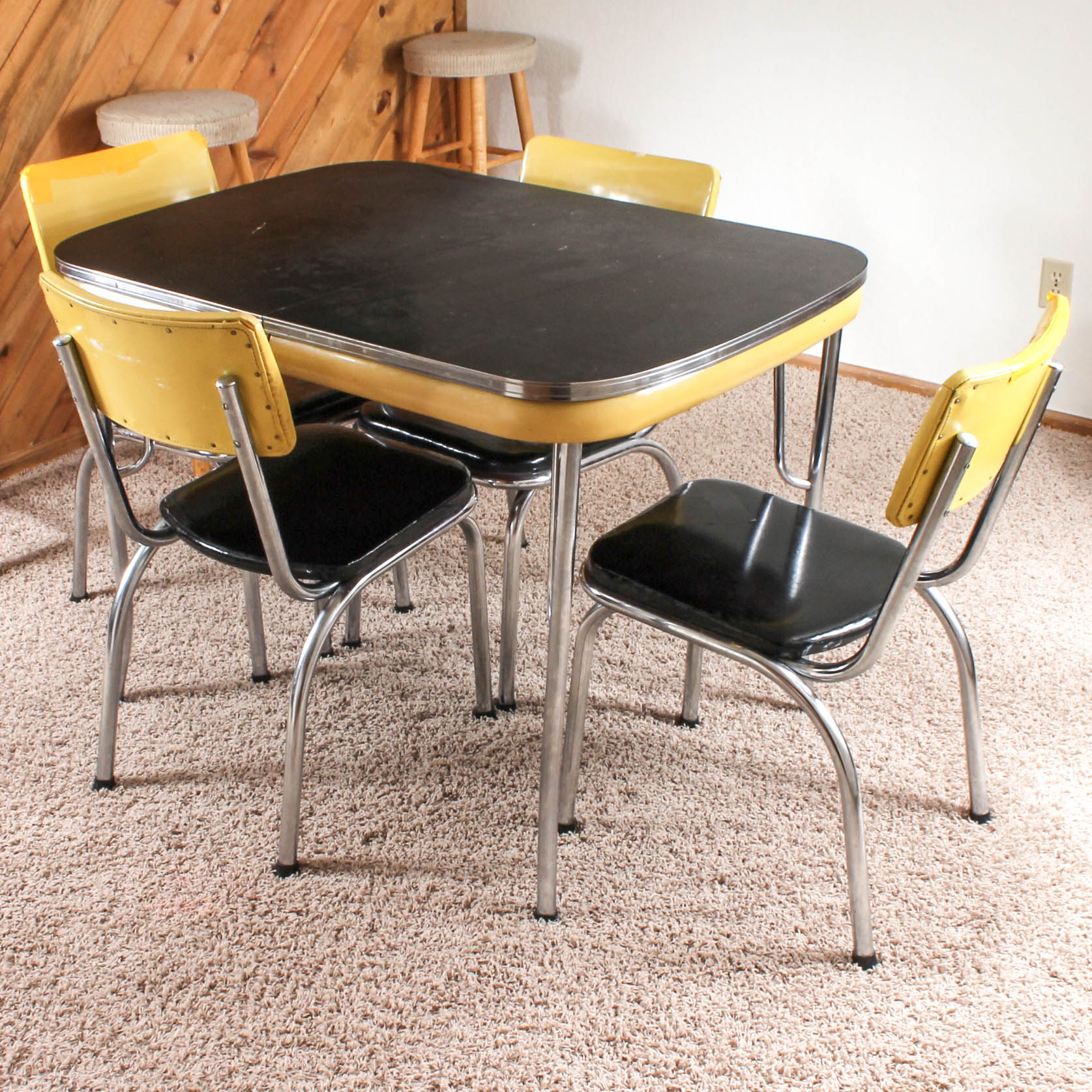 Retro Yellow and Black Dining Table with Vinyl Chairs by Kuehne