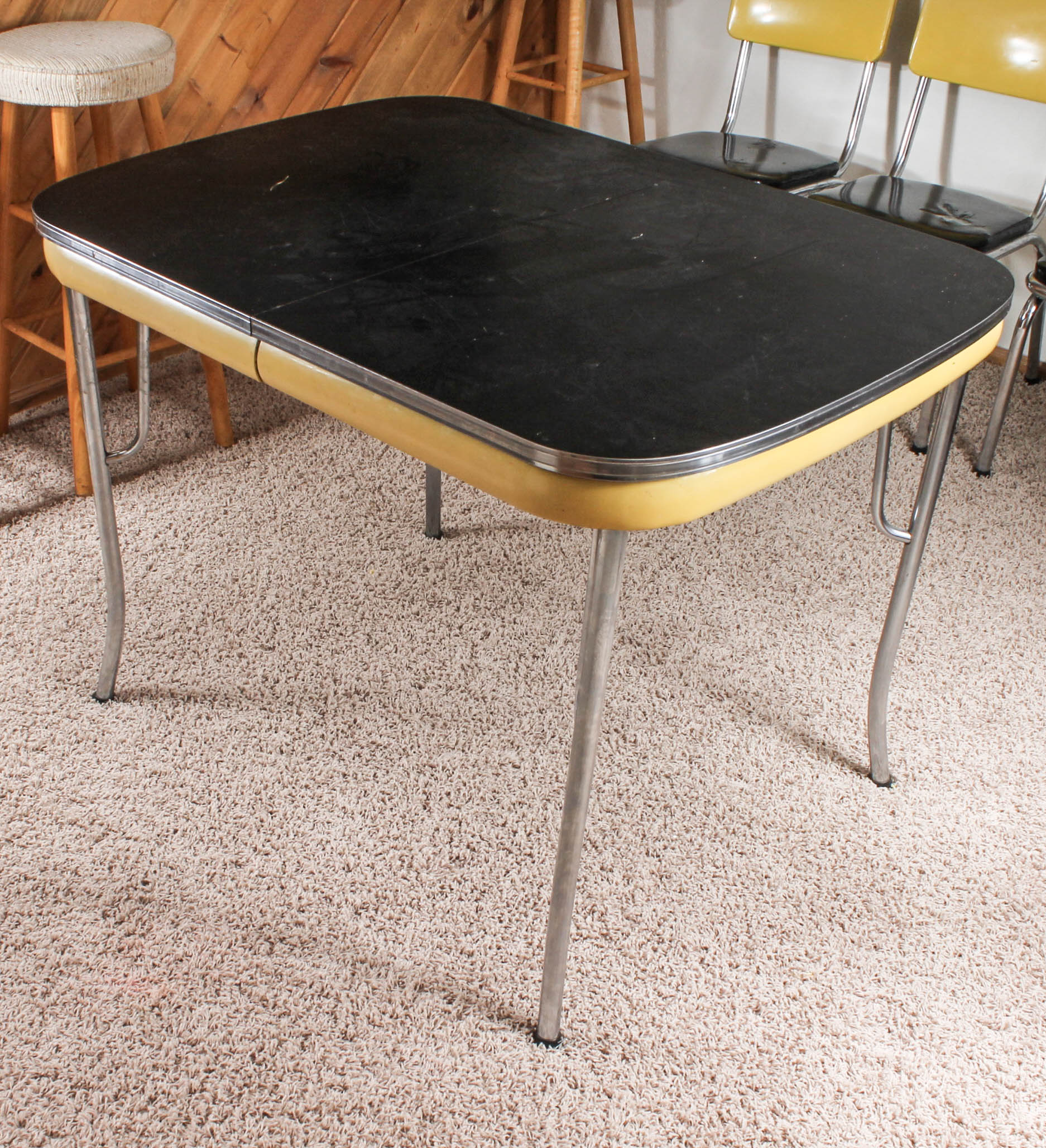 Retro Yellow and Black Dining Table with Vinyl Chairs by Kuehne
