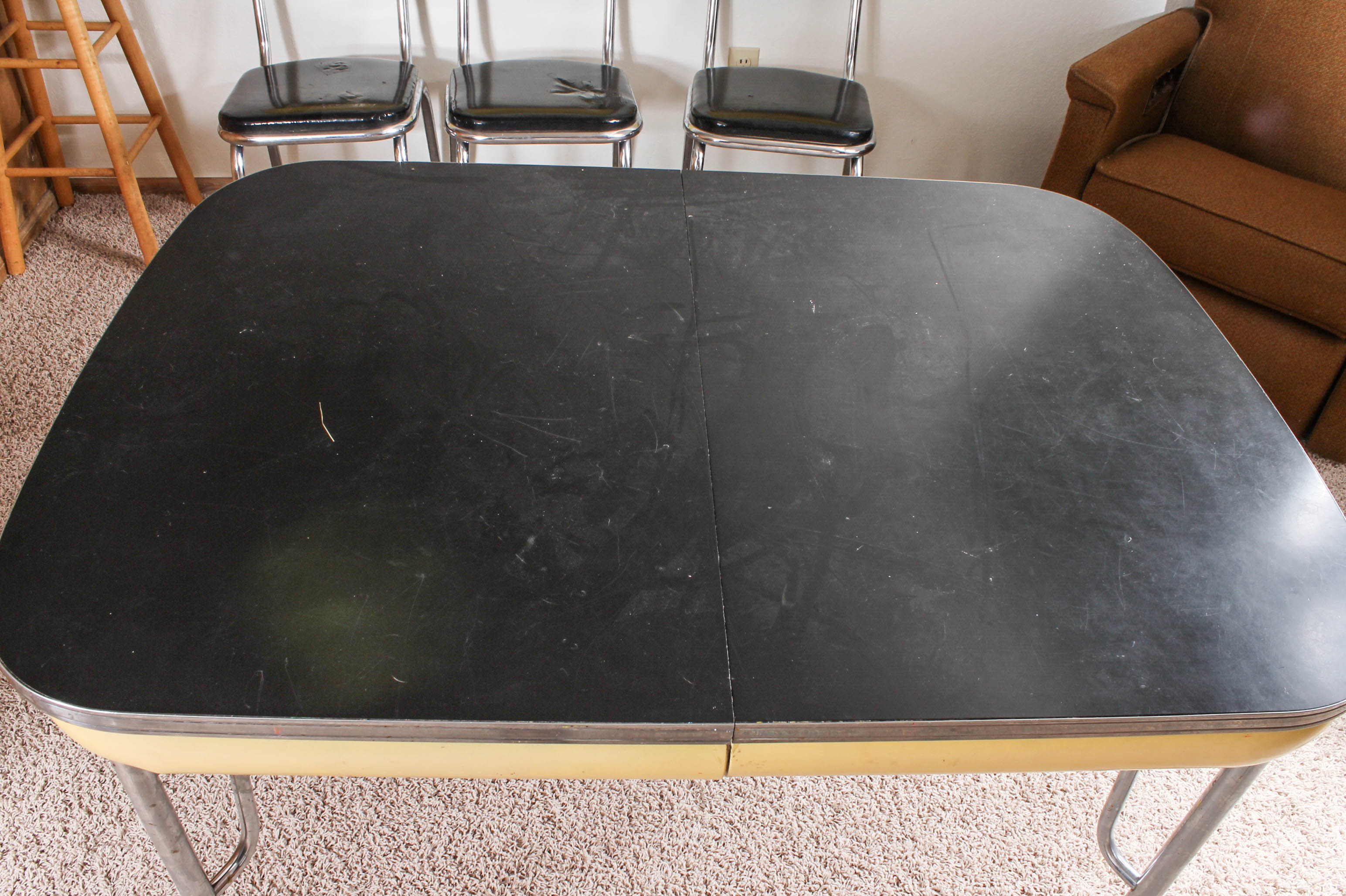Retro Yellow and Black Dining Table with Vinyl Chairs by Kuehne