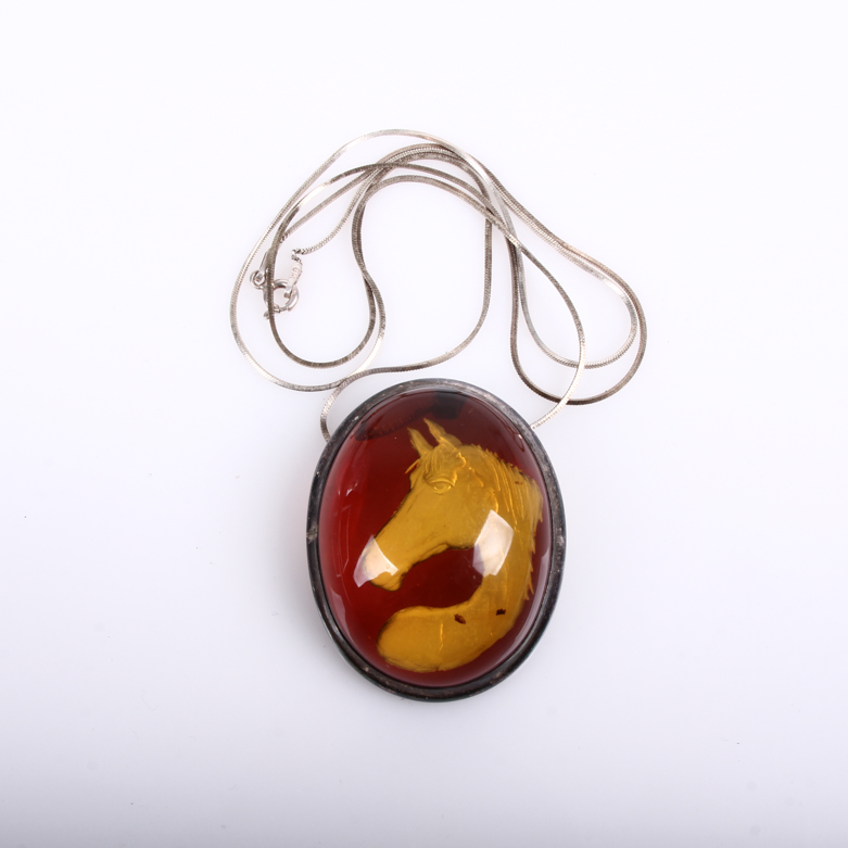 Sterling Silver and Amber Reverse Intaglio Horse Pendant Necklace