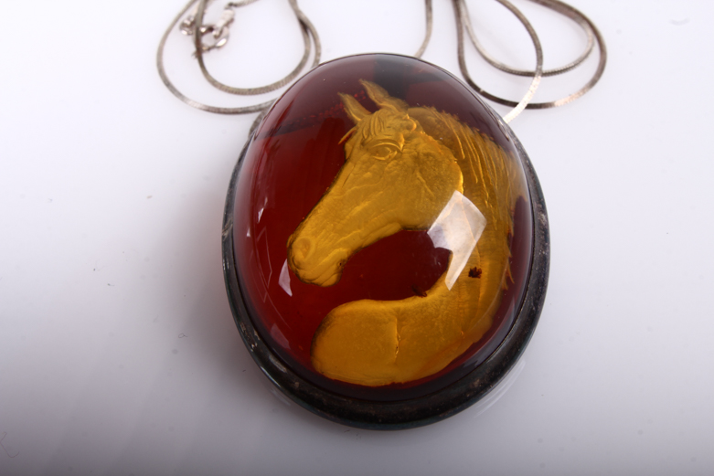 Sterling Silver and Amber Reverse Intaglio Horse Pendant Necklace