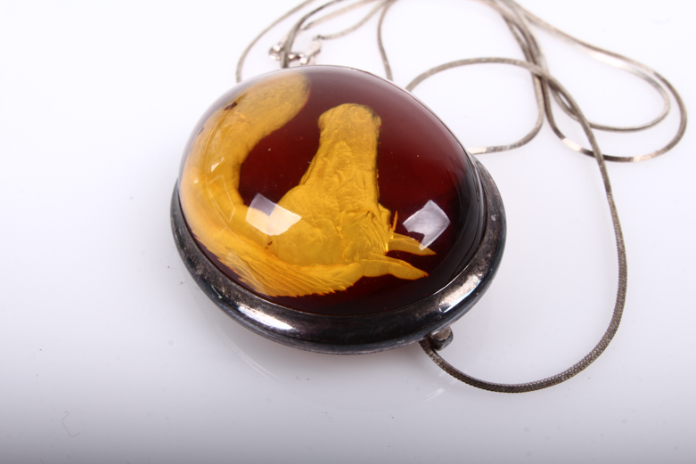 Sterling Silver and Amber Reverse Intaglio Horse Pendant Necklace