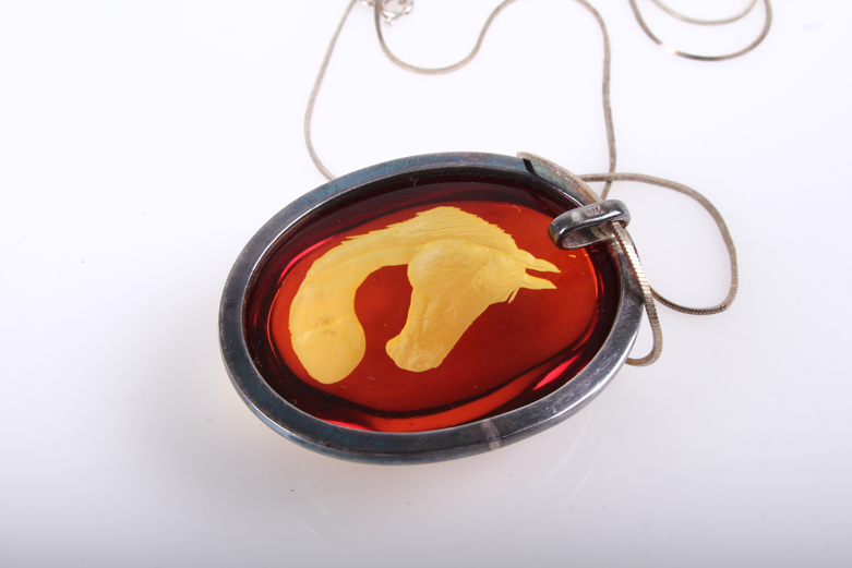 Sterling Silver and Amber Reverse Intaglio Horse Pendant Necklace