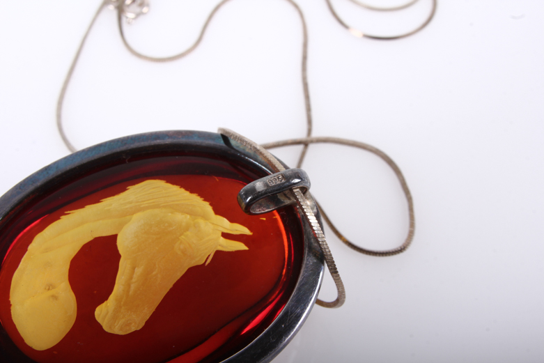 Sterling Silver and Amber Reverse Intaglio Horse Pendant Necklace