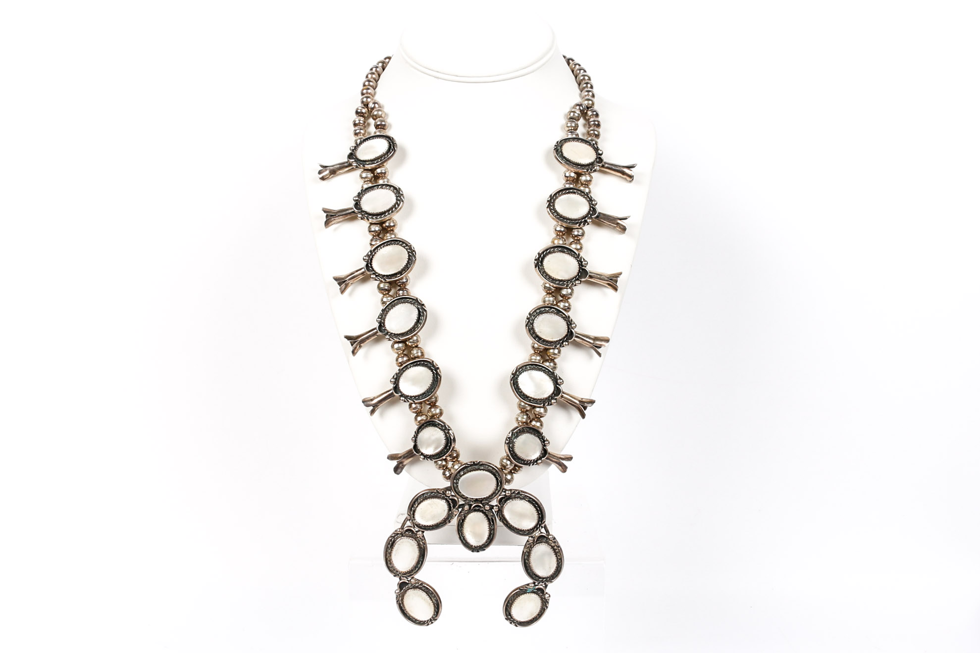 Robert Skeet 800 Silver and Mother of Pearl Squash Blossom Necklace