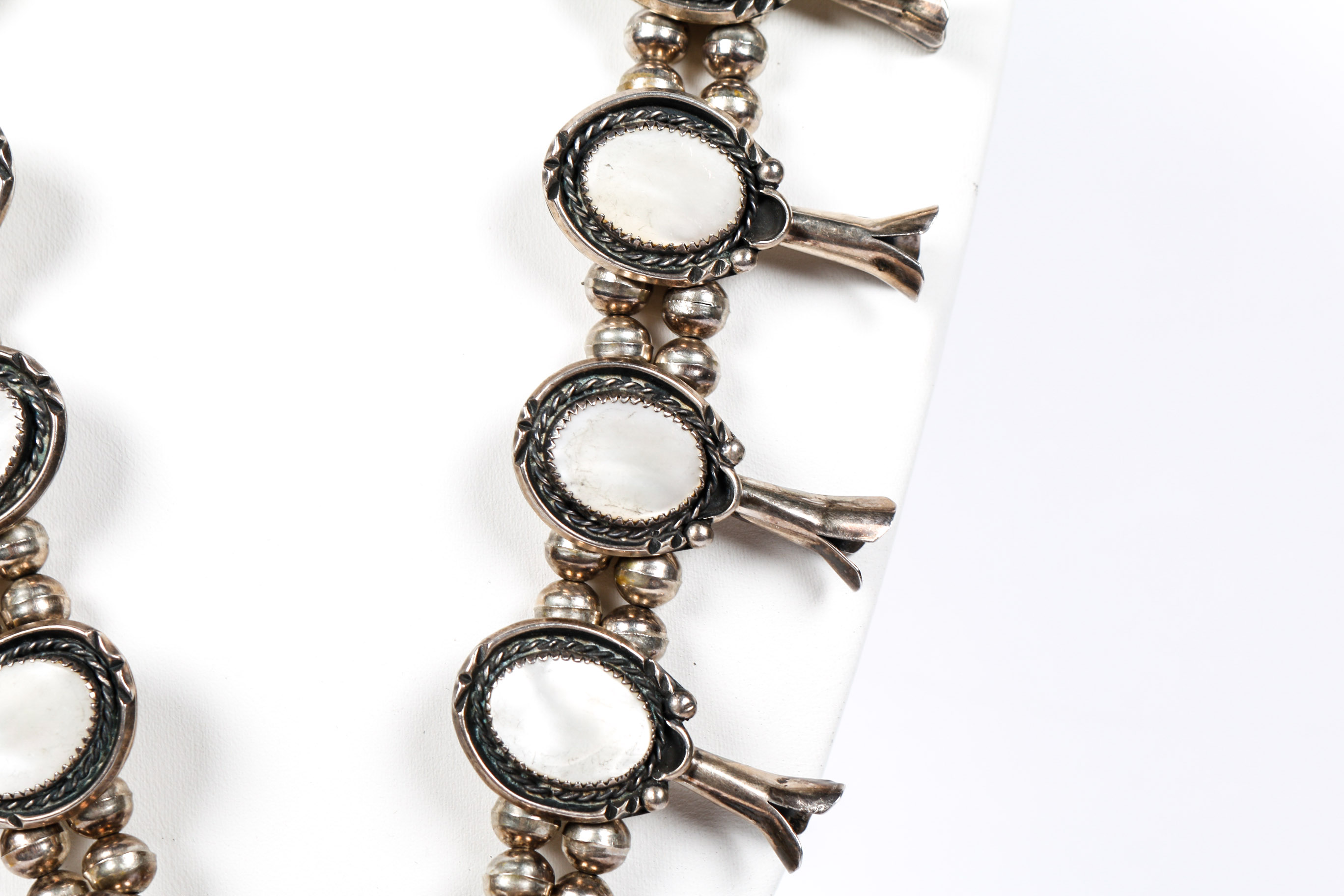 Robert Skeet 800 Silver and Mother of Pearl Squash Blossom Necklace