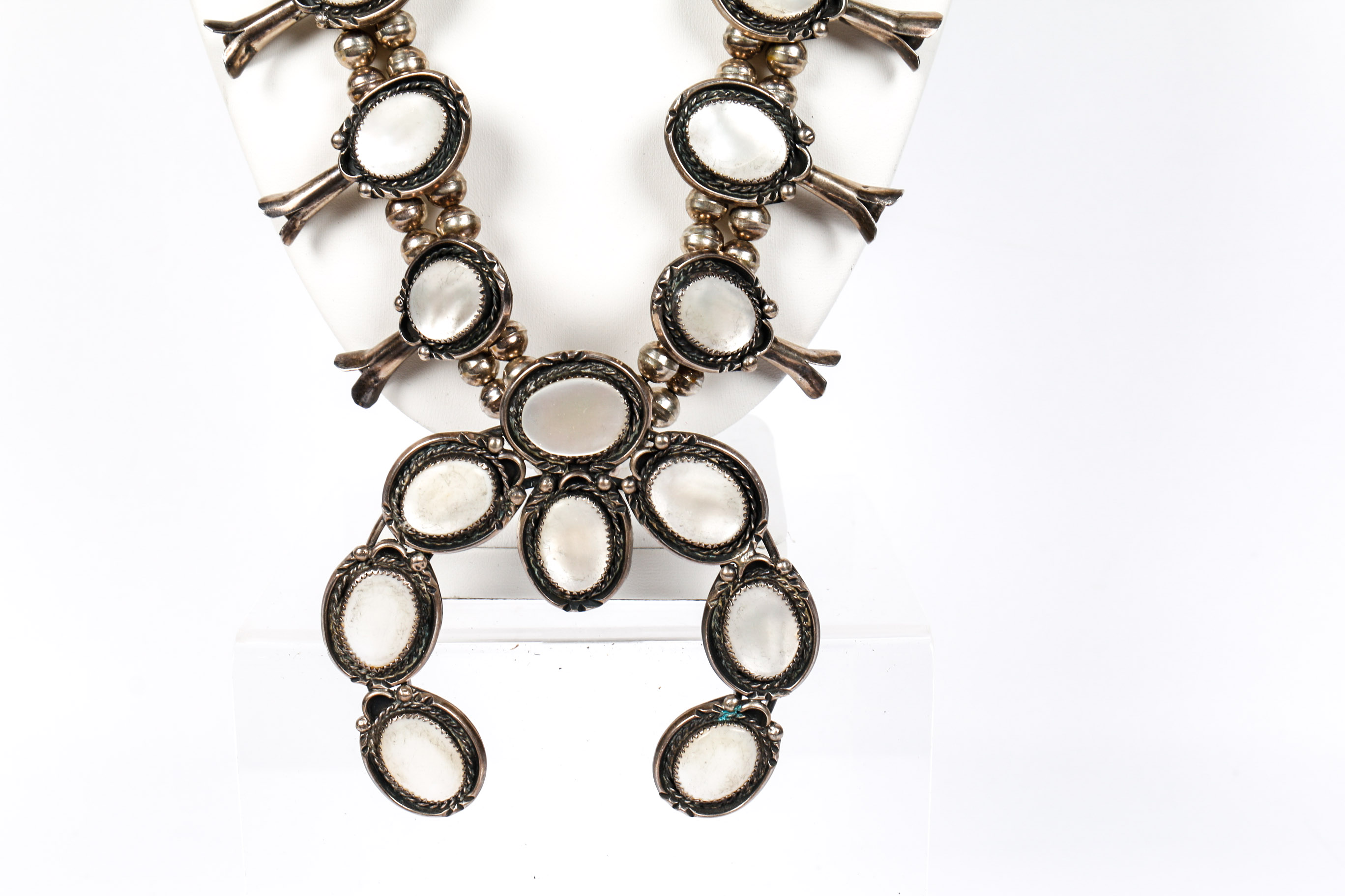 Robert Skeet 800 Silver and Mother of Pearl Squash Blossom Necklace