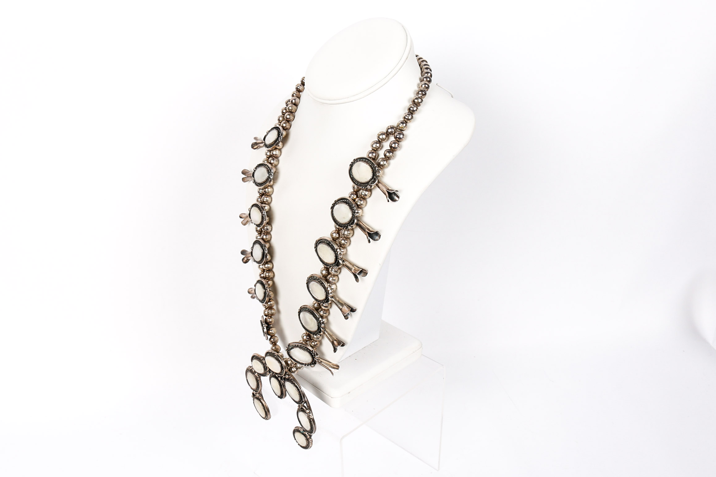 Robert Skeet 800 Silver and Mother of Pearl Squash Blossom Necklace