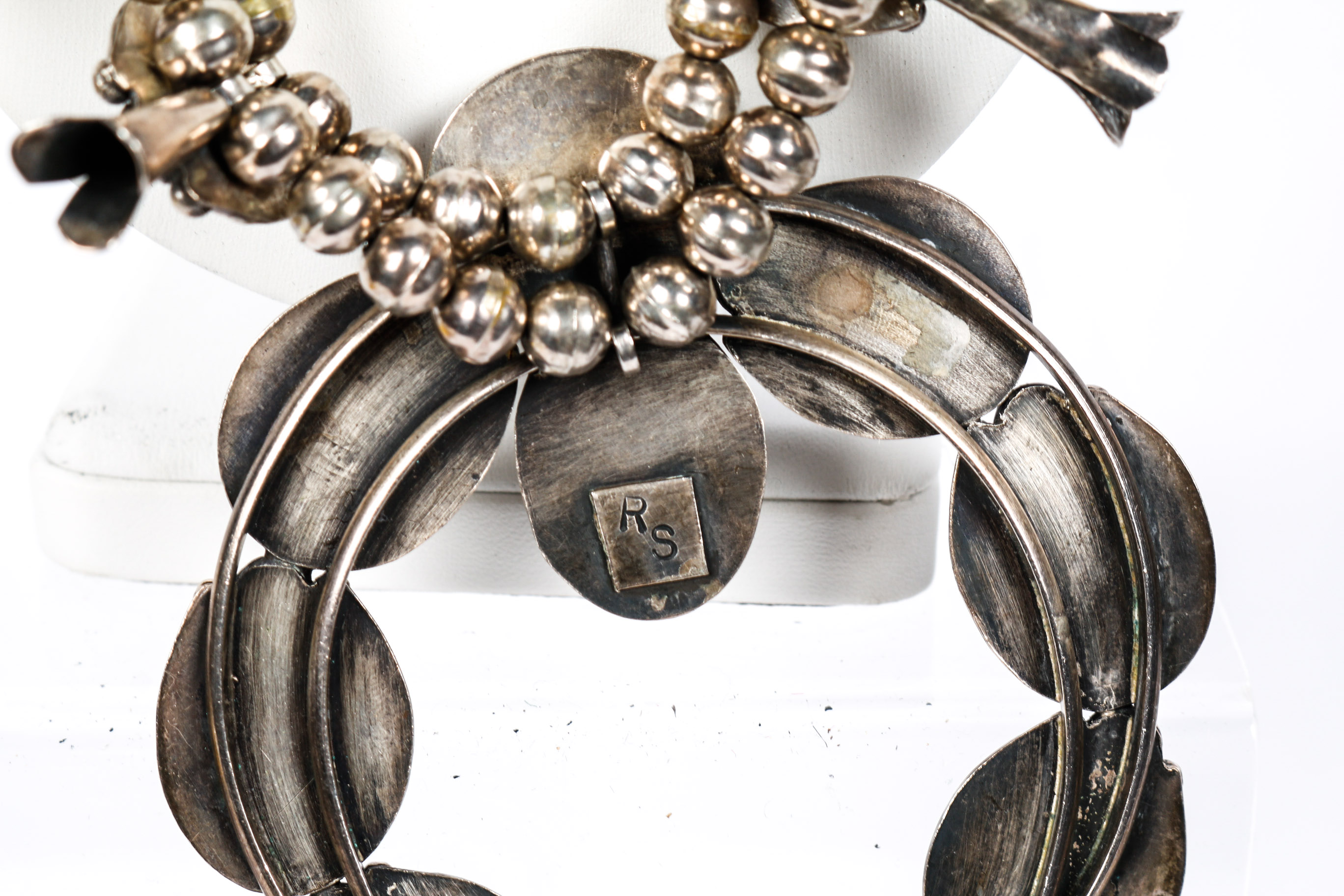 Robert Skeet 800 Silver and Mother of Pearl Squash Blossom Necklace