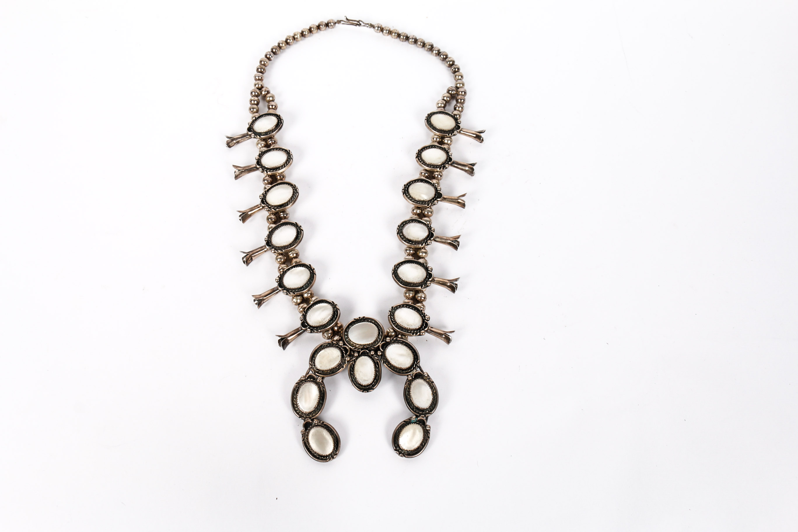 Robert Skeet 800 Silver and Mother of Pearl Squash Blossom Necklace