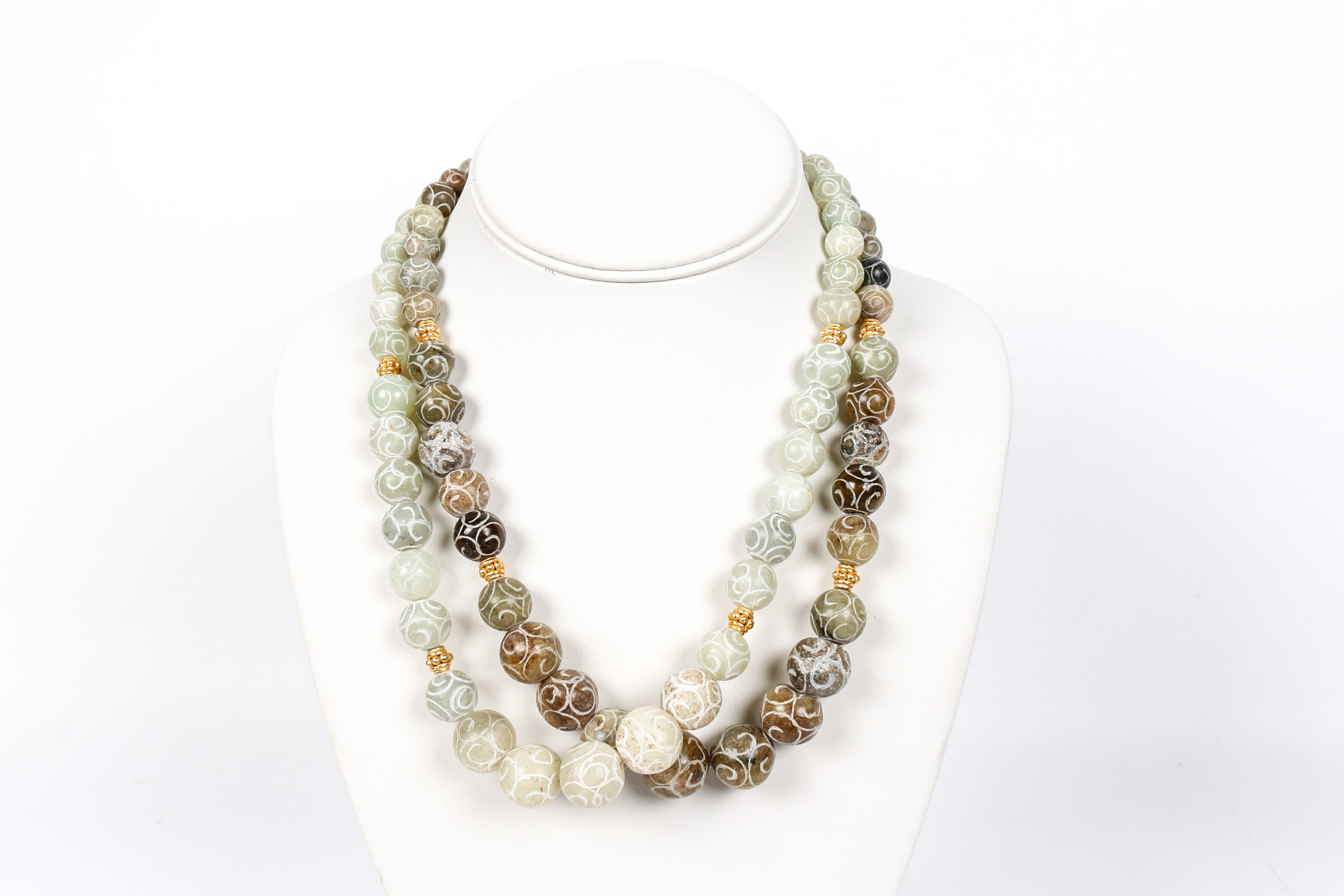 Pair of Carved Serpentine Beaded Necklaces