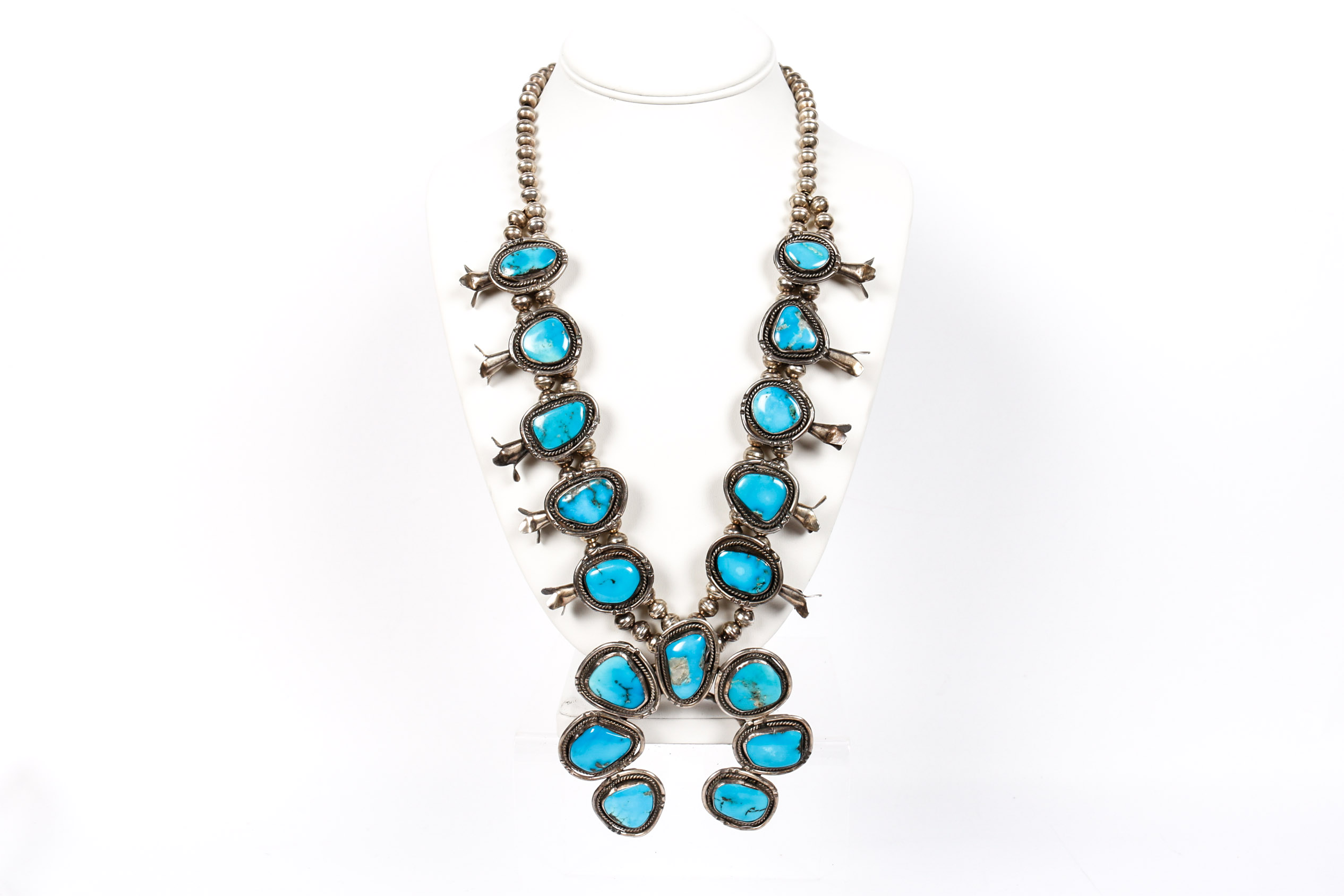 800 Silver Turquoise Squash Blossom Necklace