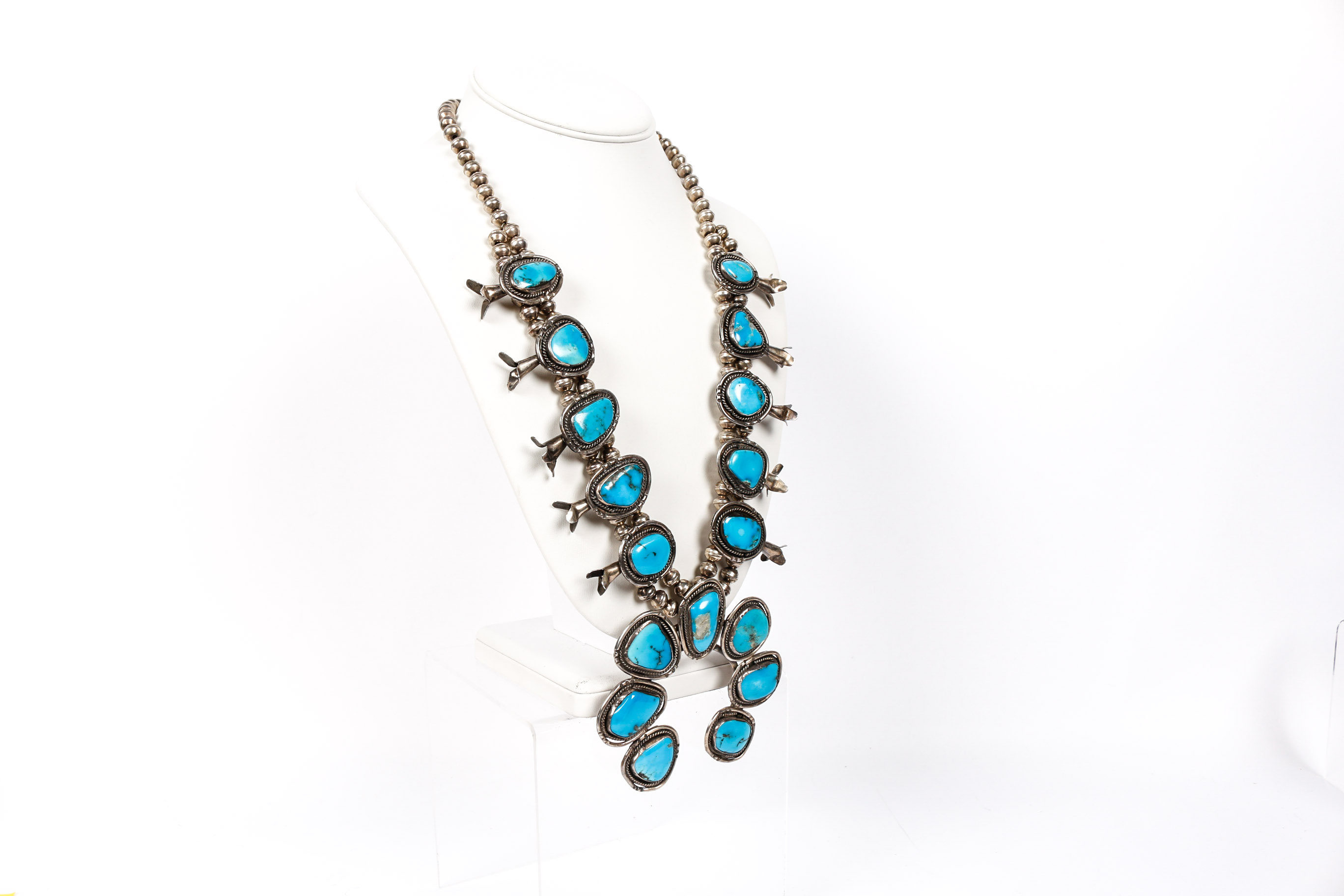800 Silver Turquoise Squash Blossom Necklace