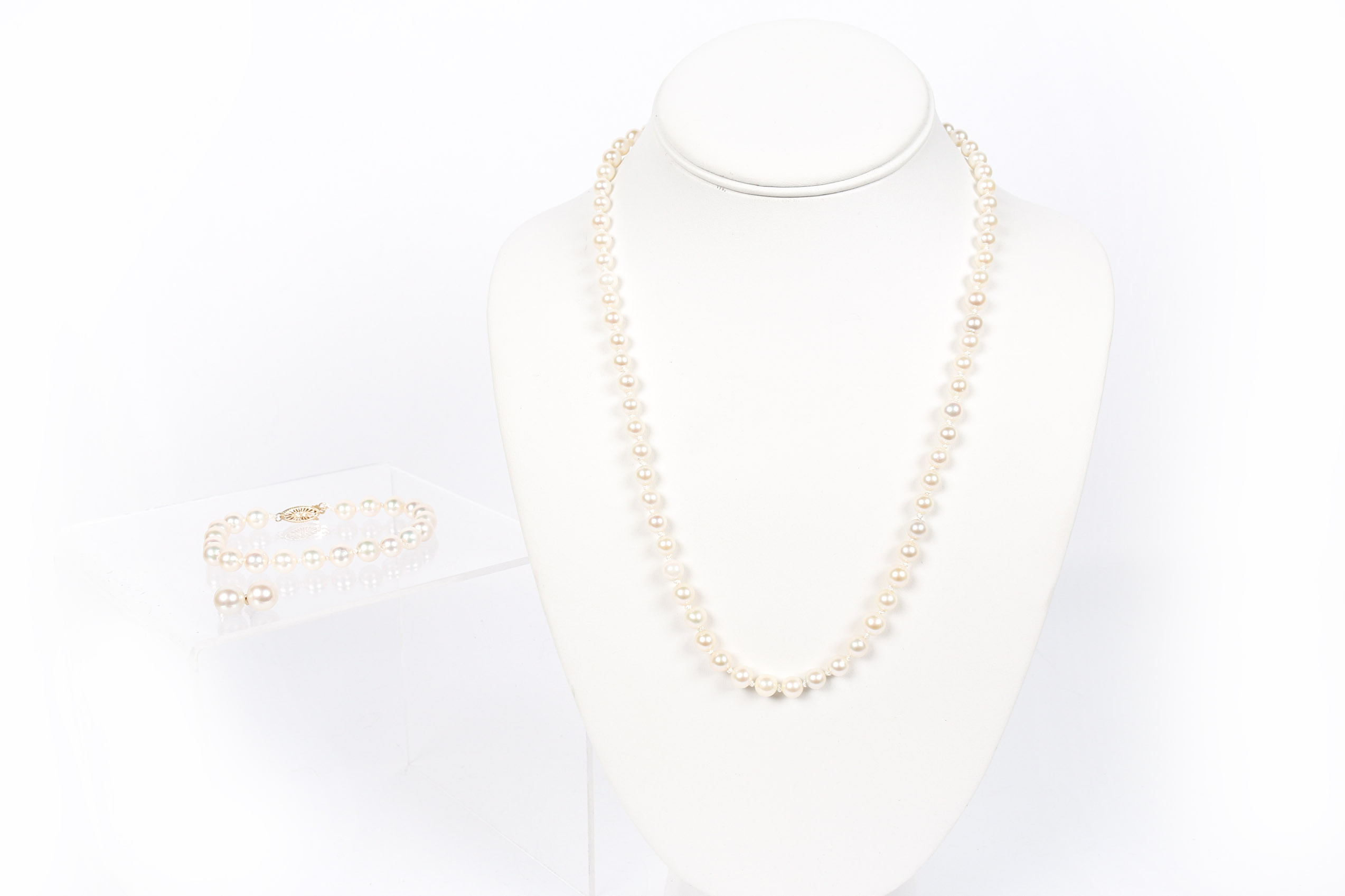 14K Yellow Gold and Pearl Necklace, Earring, and Bracelet Set