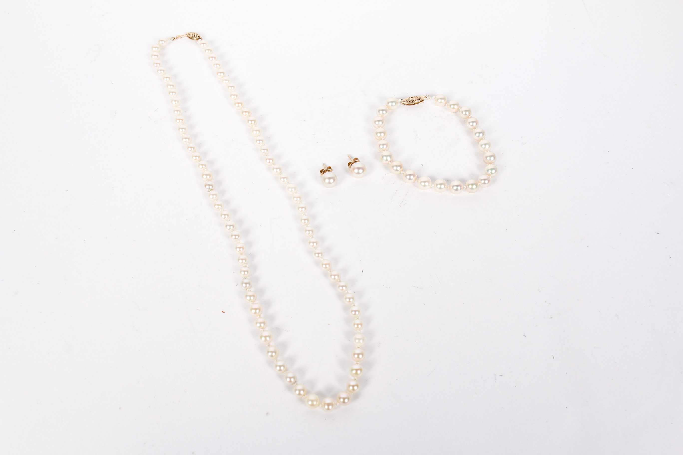 14K Yellow Gold and Pearl Necklace, Earring, and Bracelet Set