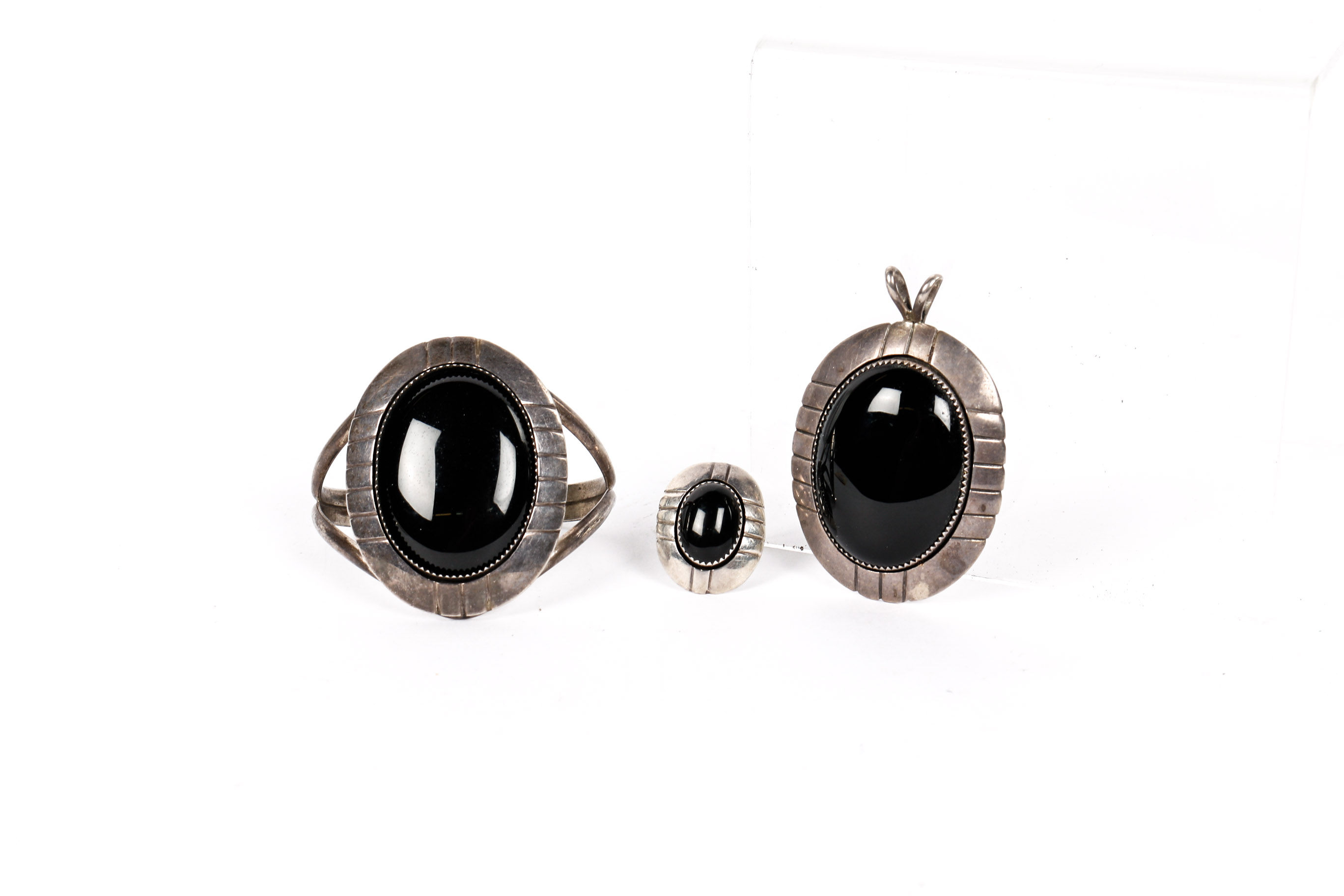 Signed E. Yazzie Sterling Silver and Black Onyx Ring, Bracelet and Large Pendant