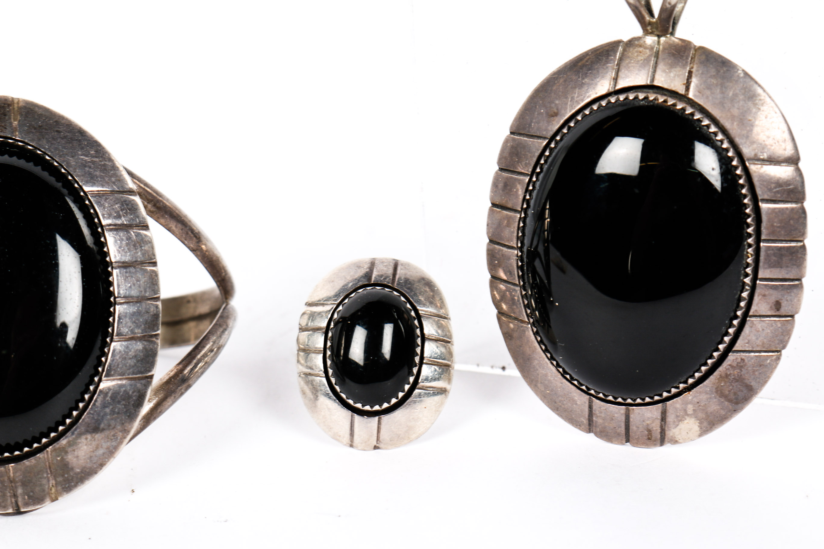 Signed E. Yazzie Sterling Silver and Black Onyx Ring, Bracelet and Large Pendant