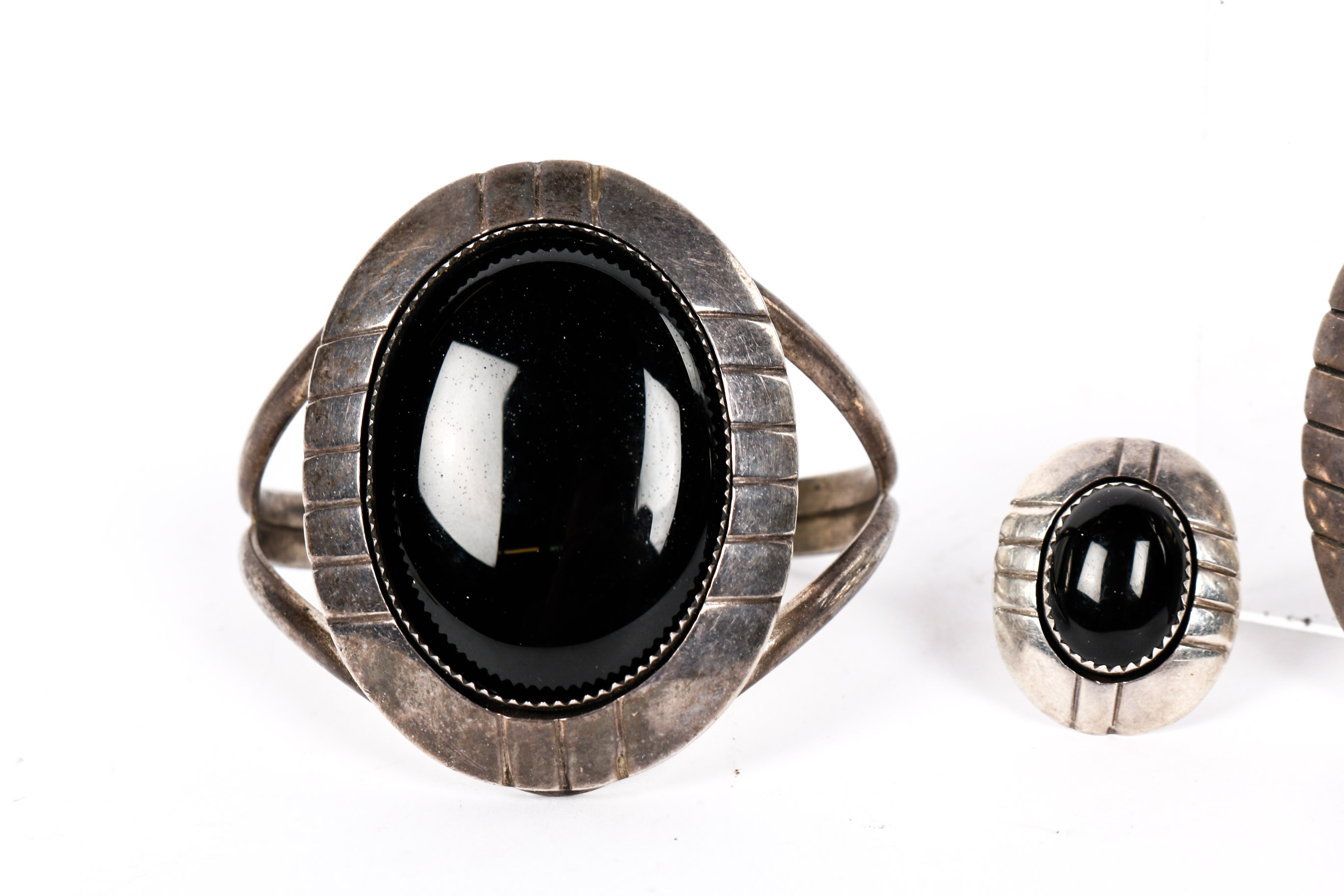 Signed E. Yazzie Sterling Silver and Black Onyx Ring, Bracelet and Large Pendant