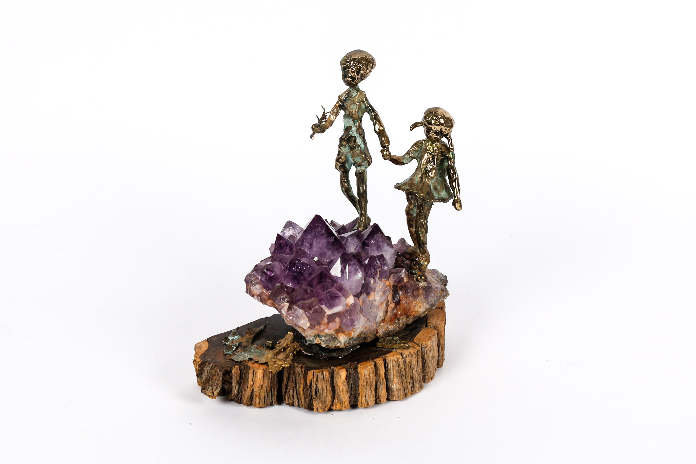Signed Mid Century Amethyst, Ebony, and Bronze Sculpture