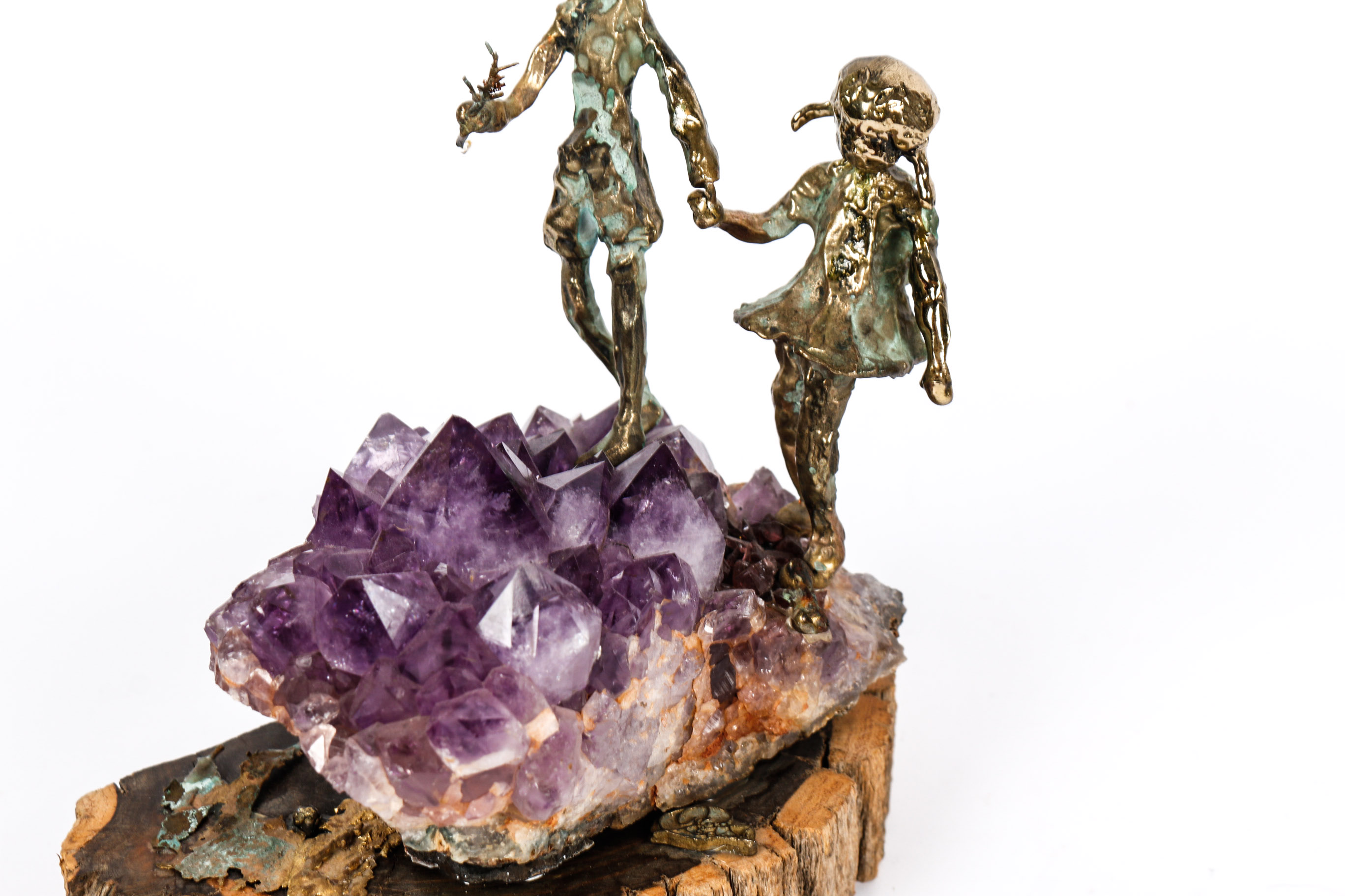 Signed Mid Century Amethyst, Ebony, and Bronze Sculpture