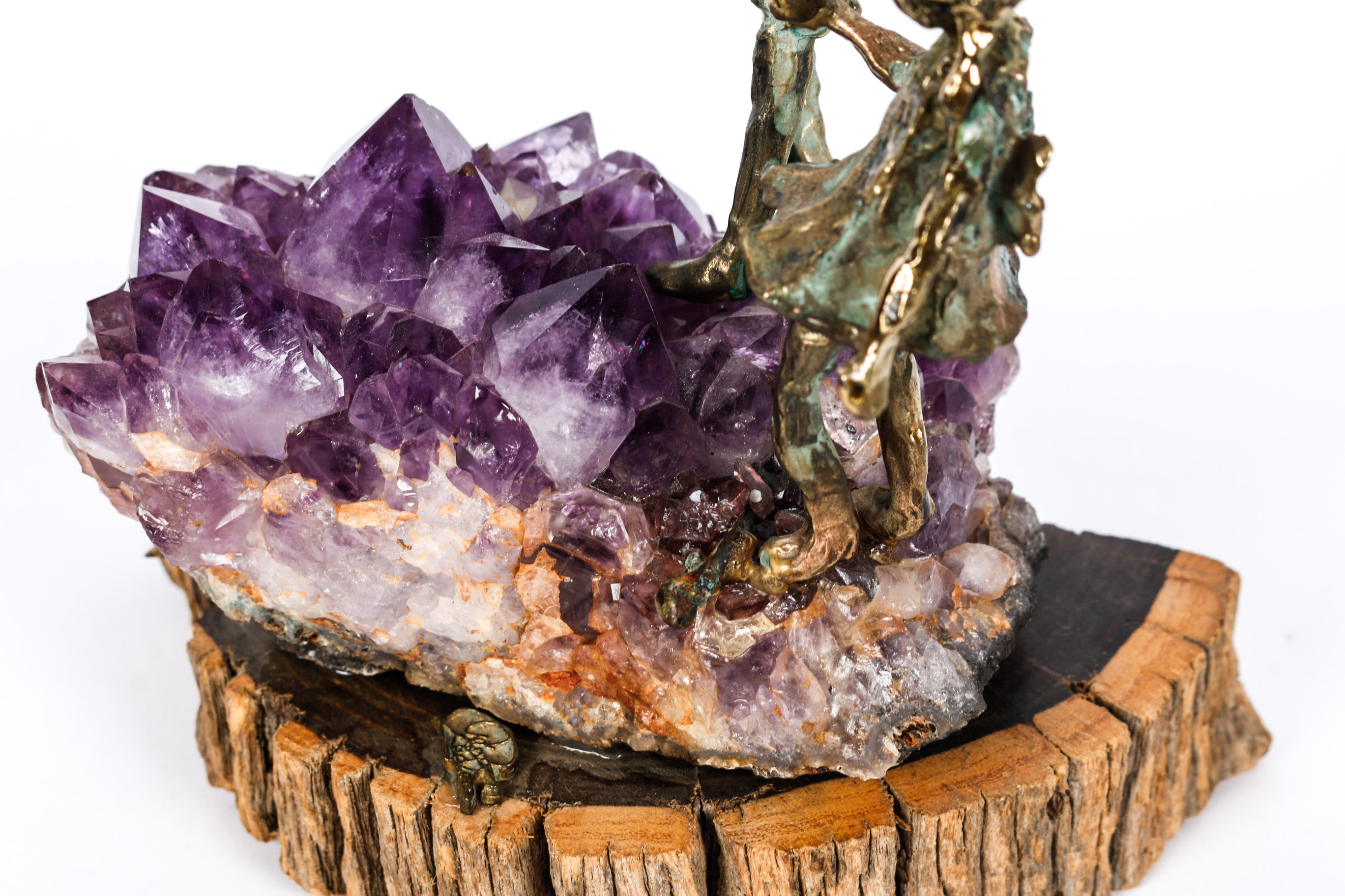 Signed Mid Century Amethyst, Ebony, and Bronze Sculpture