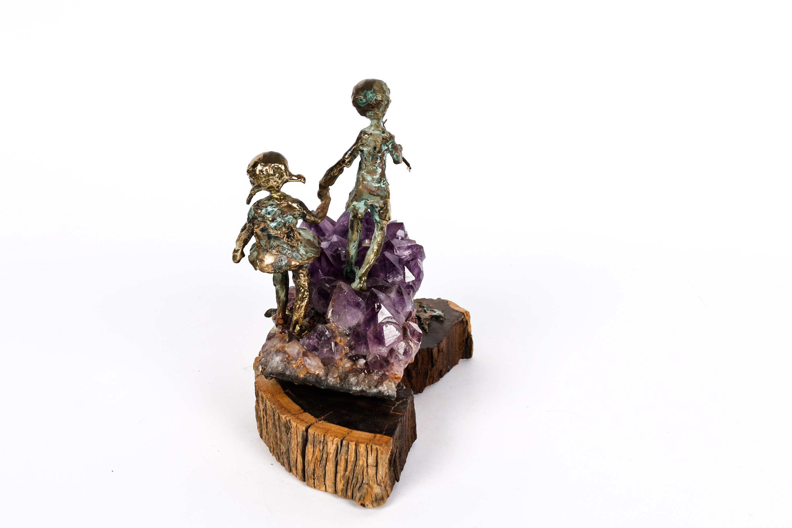 Signed Mid Century Amethyst, Ebony, and Bronze Sculpture