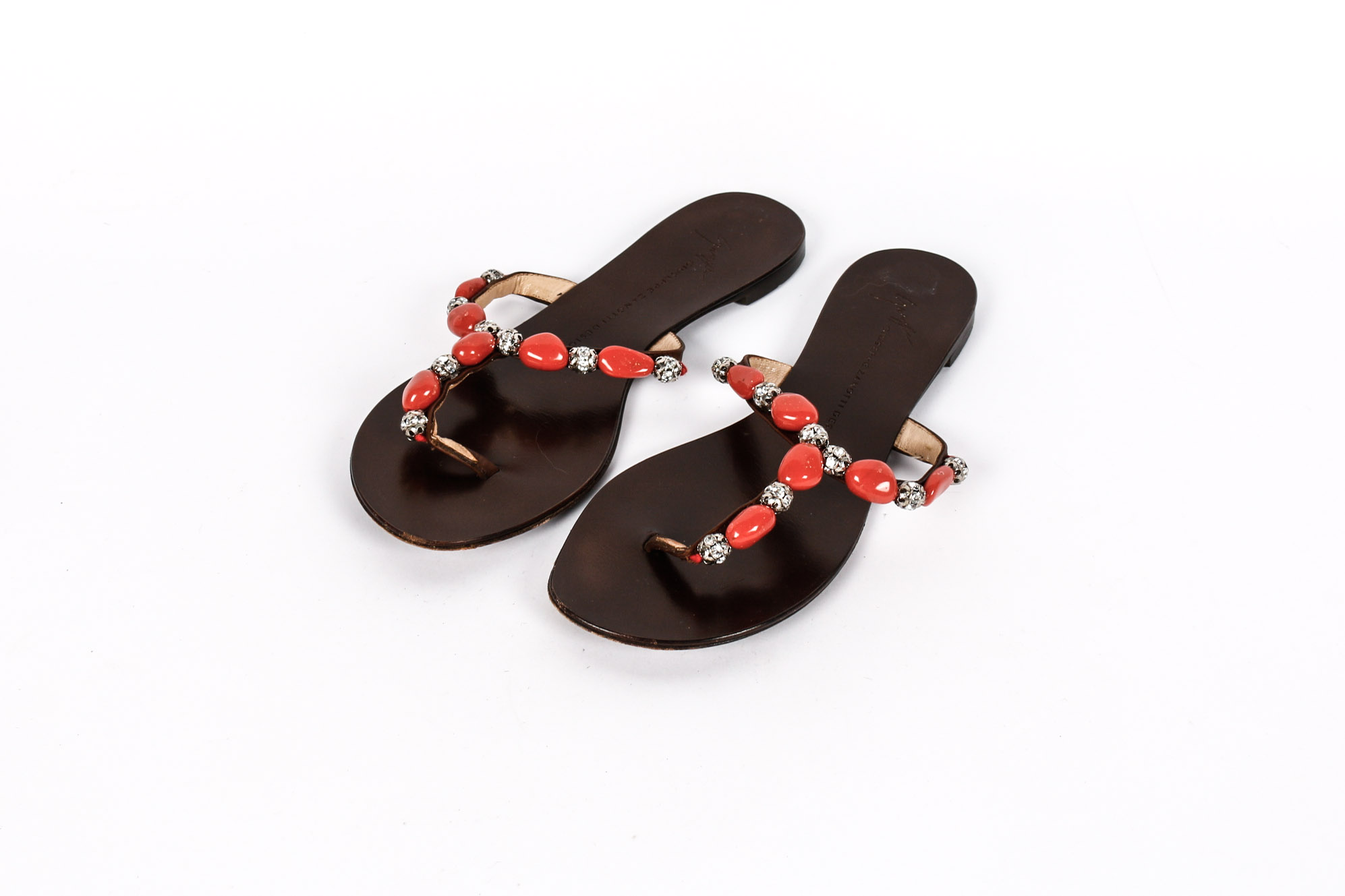 Giuseppe Zanotti Leather Rhinestone And Coral Sandals