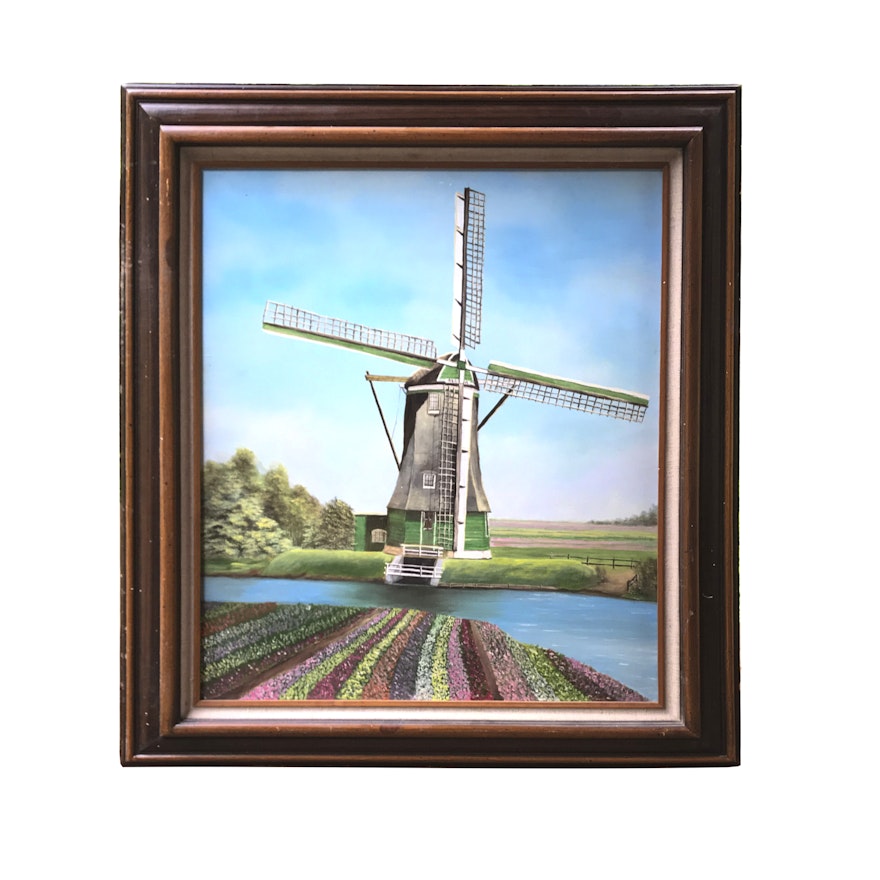 N.A. Hirano Oil on Canvas Landscape With Windmill